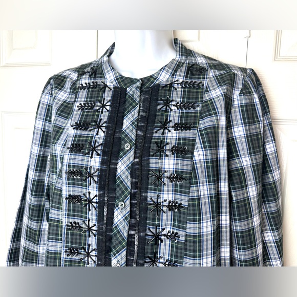 New J.CREW Embellished Tartan Plaid Shirt Blouse Green Sequin Beaded Snowflake - Picture 5 of 16